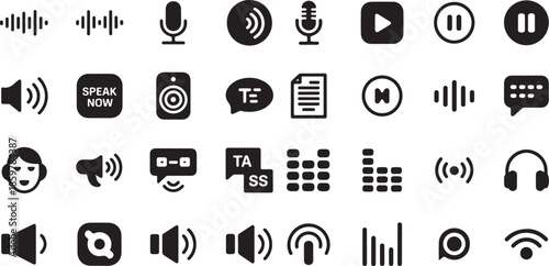 Audio recording and sound interface icon set. Containing sound waves, microphones, headphones, speakers, volume controls, playback buttons, mute symbols, and voice recognition icons.