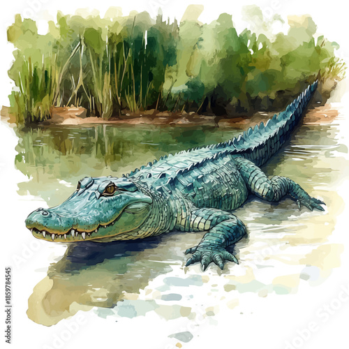 Crocodile Gliding Slowly, illustration watercolor with playful splashes and delicate line details, isolated on a white background.