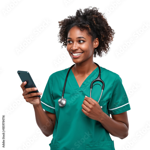 Doctor Smiling While Using Smartphone in Green Scrubs With Stethoscope