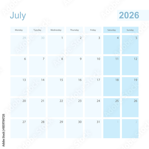 2026 July wall planner in blue pastel color, week starts on Monday.