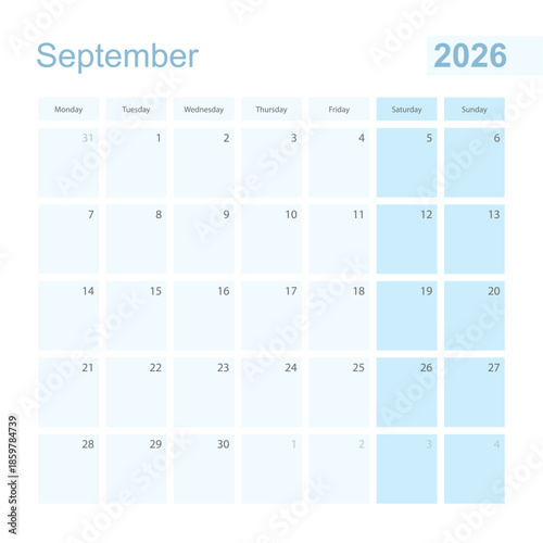 2026 September wall planner in blue pastel color, week starts on Monday.