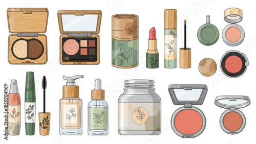 Illustration of various eco friendly natural makeup products and cosmetics