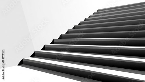 Black staircase ascending diagonally on white background with shadows