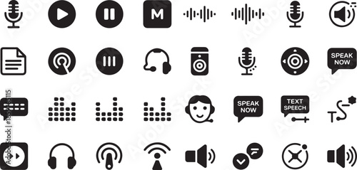 Audio technology and sound recording icon set. Containing microphones, headphones, sound waves, play buttons, volume controls, mute icons, and voice command symbols.