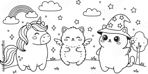 Magical coloring page with a unicorn, winged furry friend, and wizard cat casting spells under a rainbow, ideal for children's creativity