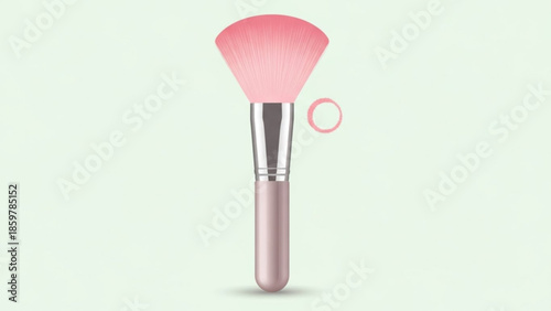 A pink makeup brush with a silver ferrule and pale pink handle on a light green background