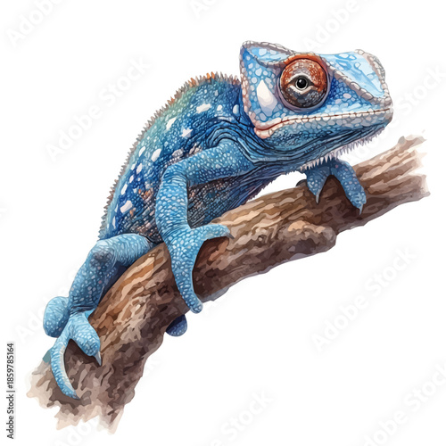 Chameleon Clinging Carefully, refined watercolor illustration with luminous tones and soft layered brushwork, isolated on a white background.