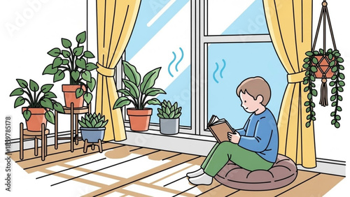 A young boy sits on a cushion by a window with houseplants reading a book in a cozy indoor setting