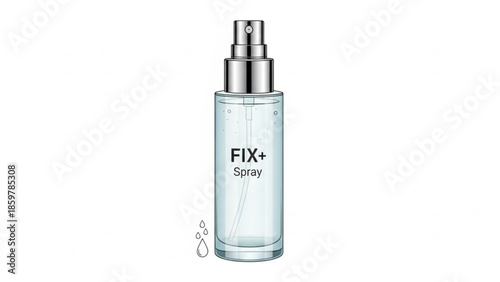 A clear glass bottle of setting spray with a silver cap and fix label on a white background with droplets