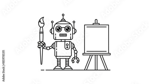 A robot holding a paintbrush standing next to an easel with a blank canvas, illustration, line art