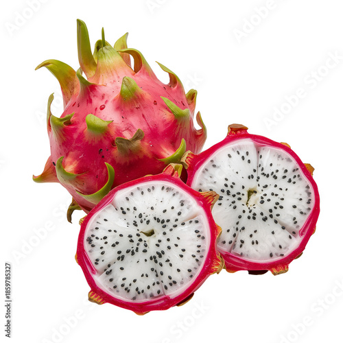 Fresh Dragon Fruit Cut in Half Showing White Flesh With Black Seeds and Brigh...