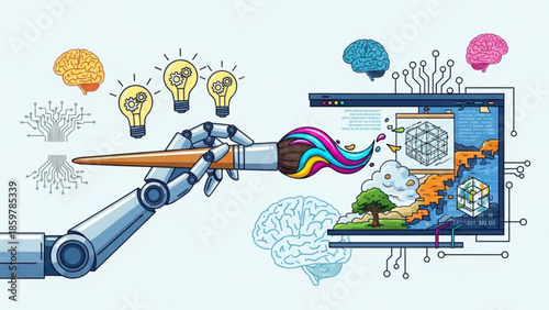 Robot arm holding pencil with colorful lines emerging, surrounded by lightbulbs and brains, symbolizing