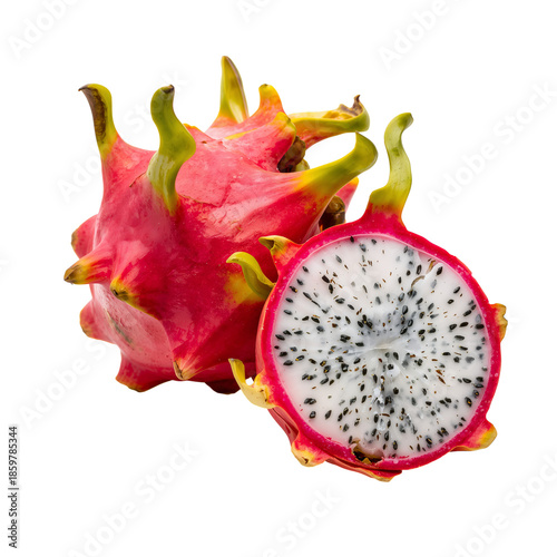 Fresh Dragon Fruit Cut in Half Showing White Flesh With Black Seeds and Brigh...