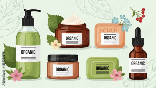 Organic natural skincare products with floral elements on white background