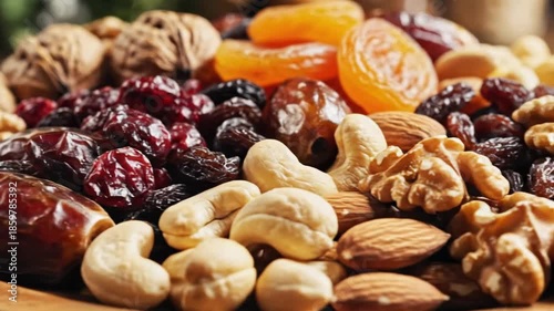 Close up of assorted dried fruits and nuts assortment on a wooden surface for healthy eating