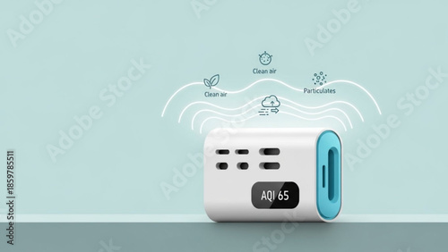 Air quality monitor device showing aqi 65 with clean air and particulate icons