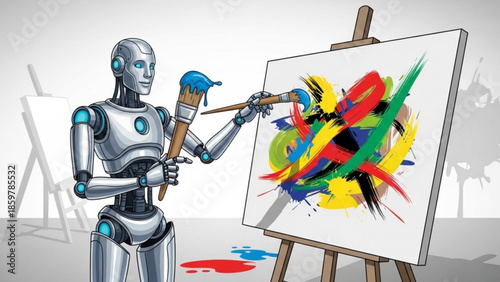 Robot artist painting colorful abstract art on canvas with brush