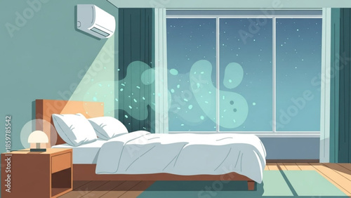 Cozy bedroom with white bedding and pillows, wooden nightstand, and air conditioner on wall beside large