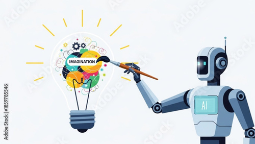 Robot with pencil painting imagination lightbulb with colorful gears and cogs inside