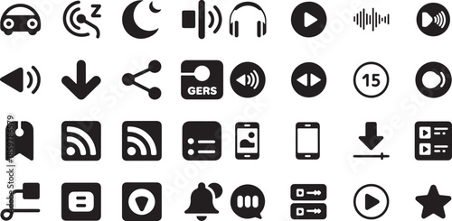 Media player and user interface icon set. Containing play buttons, volume controls, headphones, download arrows, share nodes, night mode moons, and RSS feed symbols.
