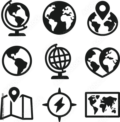 Globe Earth Map Set Vector Icons Earth Sphere Planet Global World Location Point Map Symbol Sign or Icon Geography Position Travel Place Trip Adventure Round Continent Line