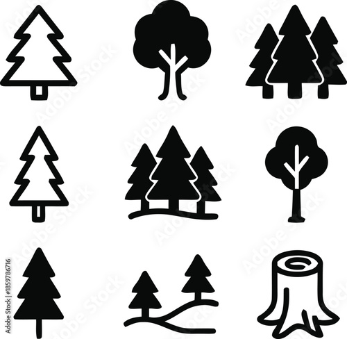 Array of Forest Tree Silhouette Vectors on Clear Backdrop Emphasizing Nature Conservation and Outdoor Adventure for Ecological Awareness and Environmental Projects