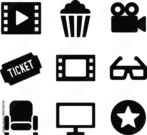 Cinema Icons Collection Set of Various Symbols Such as Film Projector Ticket and Popcorn Illustrations on Transparent Background