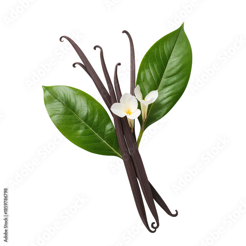 Fresh Vanilla Beans With Green Leaves and White Flowers on a White Background