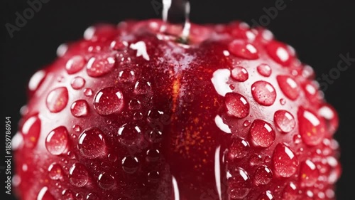 Close up of fresh red fruit with water droplets against a dark background with glossy surface