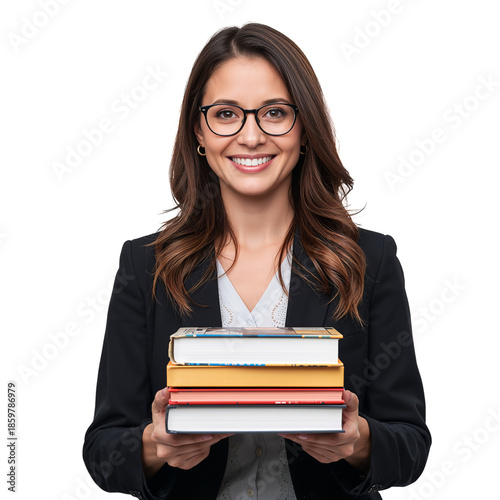 Woman Holds Stack of Books While Smiling in Bright Setting During Daytime
