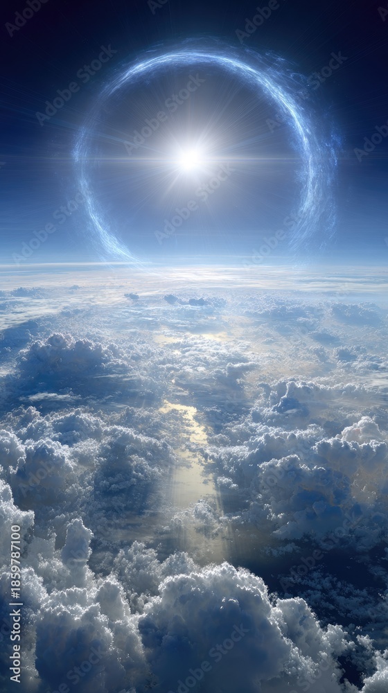 Obraz premium Dramatic celestial display bright sun with glowing corona over cloudscape panorama