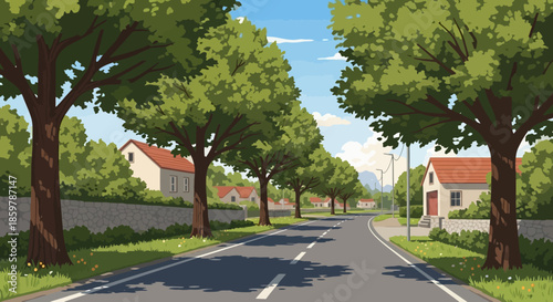 A tree-lined street with houses and green foliage under a blue sky, rendered in an illustrative style.