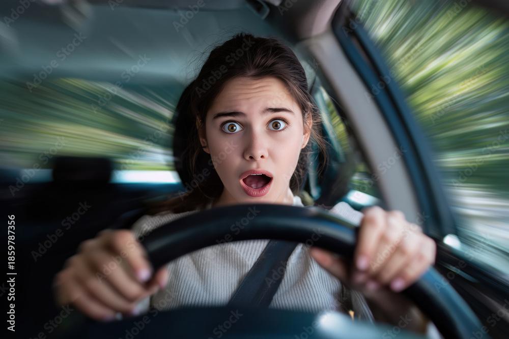 Obraz premium Young woman driving a car with shock expression on her face. Shocked woman driving a car.