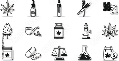 Vector illustrations depicting cannabis products, smoking tools, and legal symbols in a minimalist line art style for diverse design projects