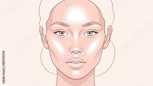 Illustration of a woman's face with highlighted areas for makeup application techniques