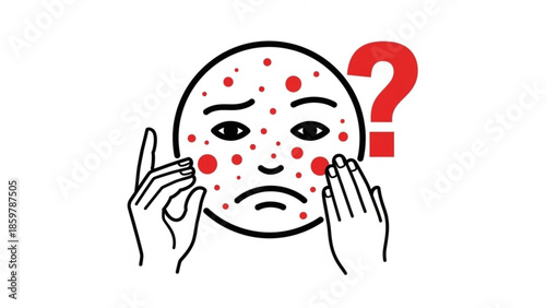 Concerned face with acne skin problem, questioning skincare, red spots and blemishes