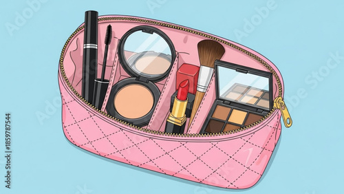 Pink makeup bag with cosmetics and brushes inside, opened and displayed on blue background