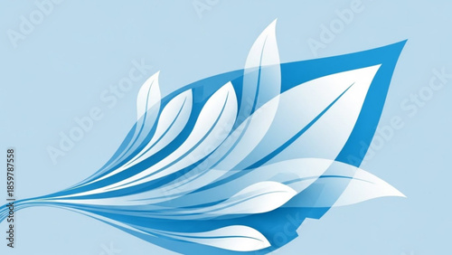 Stylized blue and white leaf design element with flowing curved lines on light background