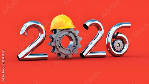 2026 New Year design template with yellow protective helmet. 3D render illustration.