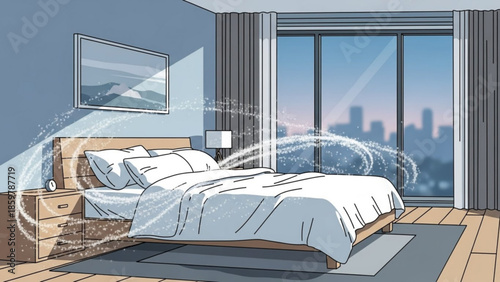 Modern bedroom with bed, nightstand, and city view, air circulation concept