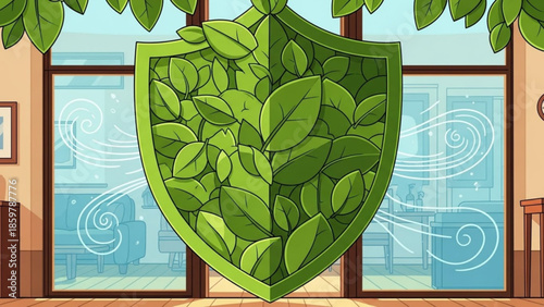 Green leafy shield hanging in front of large office window with brown frame