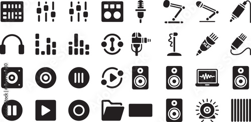 Audio production and music studio icon set. Containing mixing consoles, microphones, headphones, volume sliders, equalizers, XLR cables, speakers, and recording software interfaces.