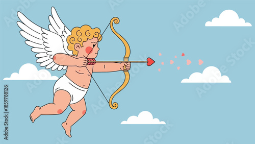 Cupid flying with bow and arrow against a blue sky.