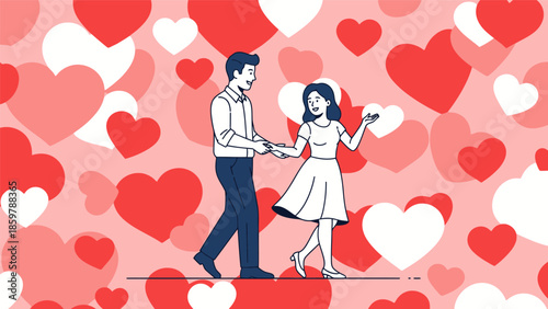 Romantic Couple Dancing Together on Valentine's Day Background.