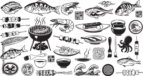Traditional Japanese Seafood Illustration Set with Grilled Fish, Shrimp, Octopus and BBQ Grill Elements