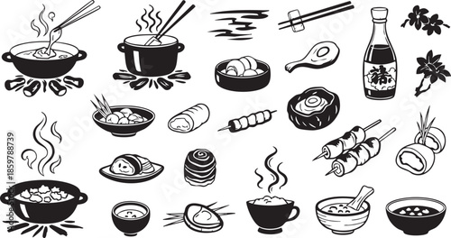 Traditional Japanese Cuisine Icon Set with Hand-Drawn Food, Cooking Pots and Asian Culinary Elements