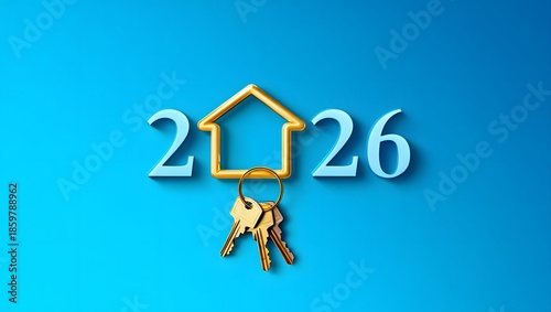 Creative 2026 New Year design template with golden keys and an abstract house symbol. 3D render illustration for a greeting card or banner.