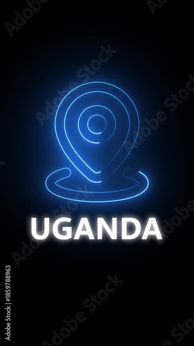 Neon blue location pin icon with the word UGANDA in white text on a dark background Uganda map marker