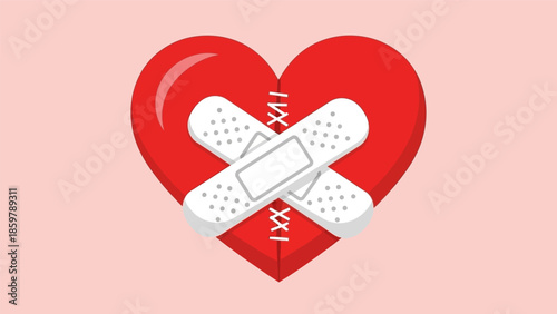 Red heart with bandages symbolizing love and care.