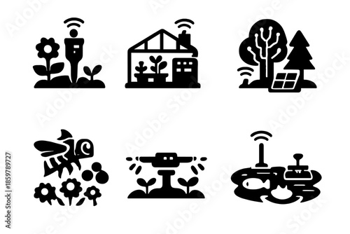 Hybrid Ecosystem Icons. Solid vector icons of hybrid ecosystems: garden sensor, smart greenhouse, tech forest, AI pollinator,